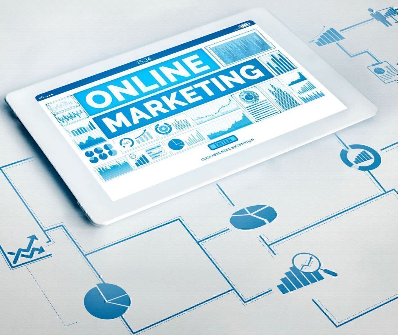SAP Emarsys Tablet und Symbole auf weißem Hintergrund mit Text "Online Marketing"